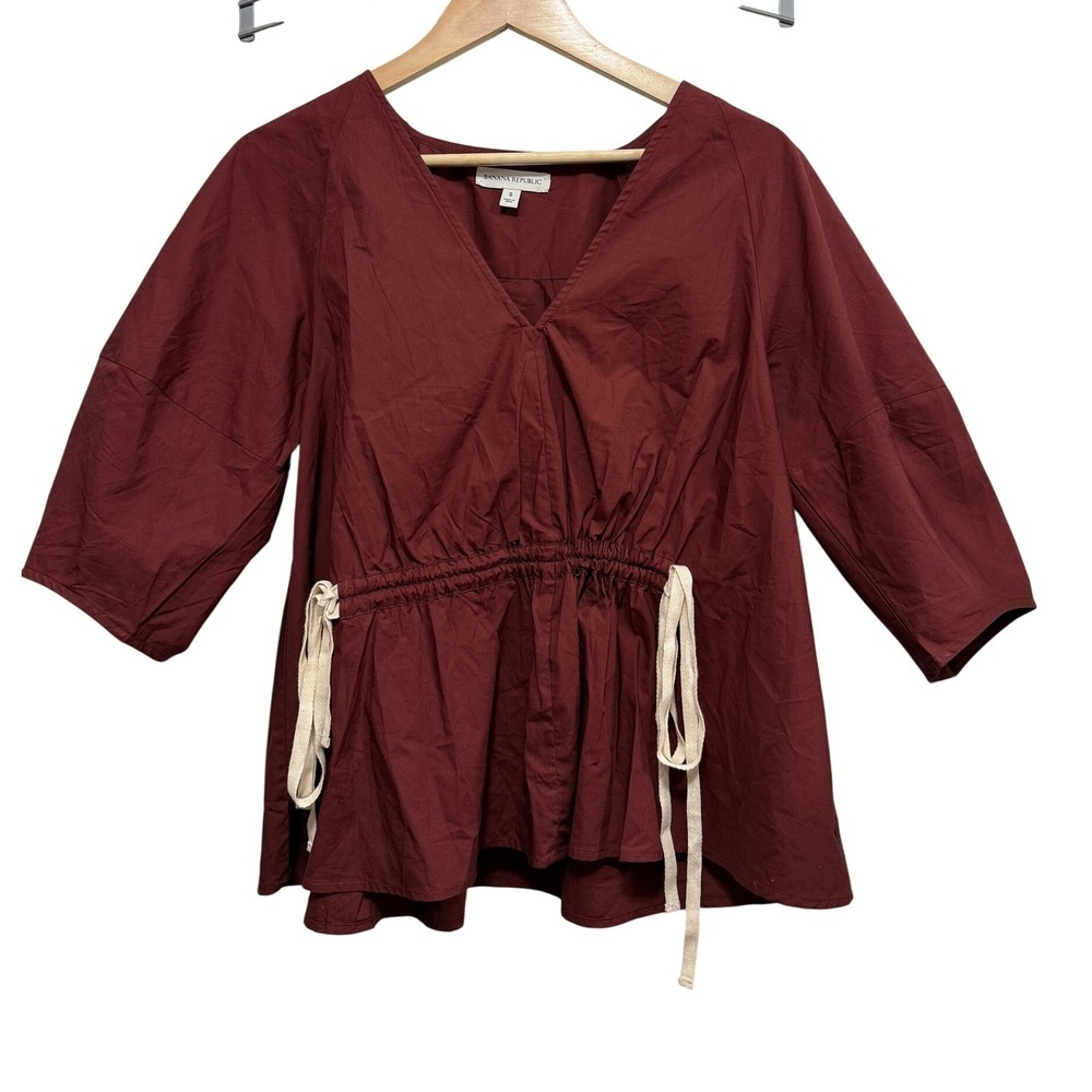 Banana Republic Womens S Mahogany Cotton V Neck Cinch Waist Poplin Top Blouse